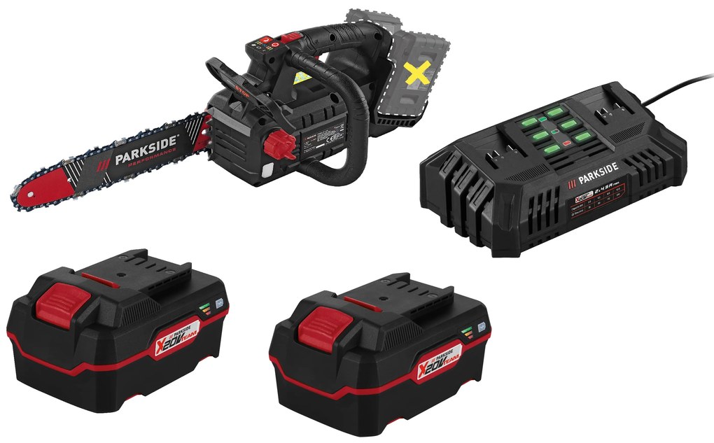 Parkside Performance® Aku prerezávacia píla na stromy + Akumulátor 20 V 4 Ah, 2 kusy + Dvojitá nabíjačka na akumulátor 20 V/4,5 A (800011289)