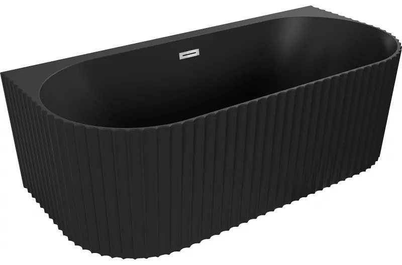 Mexen Sella, voľne stojaca vaňa ku stene, drážkovaná, 150 x 75 cm, čierna matná, chrómový prepad, 52711507571-01