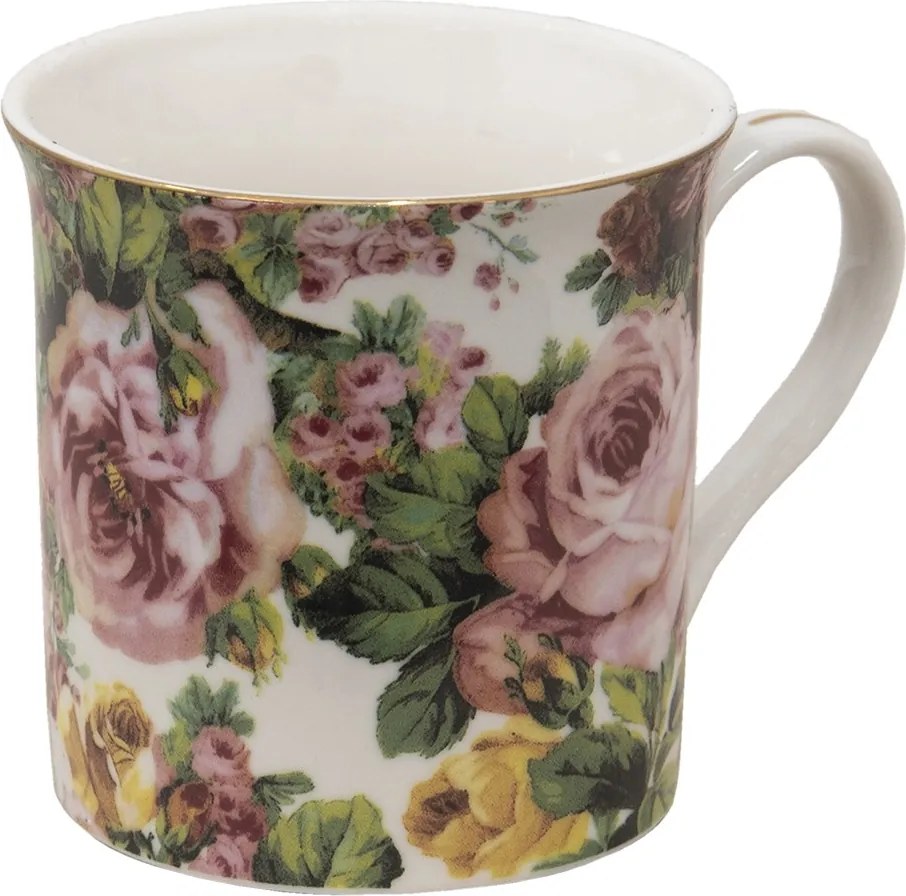 Porcelánový hrnček s kvetmi a zlatou linkou Pink Flowers - 12*8*9 cm / 330 ml