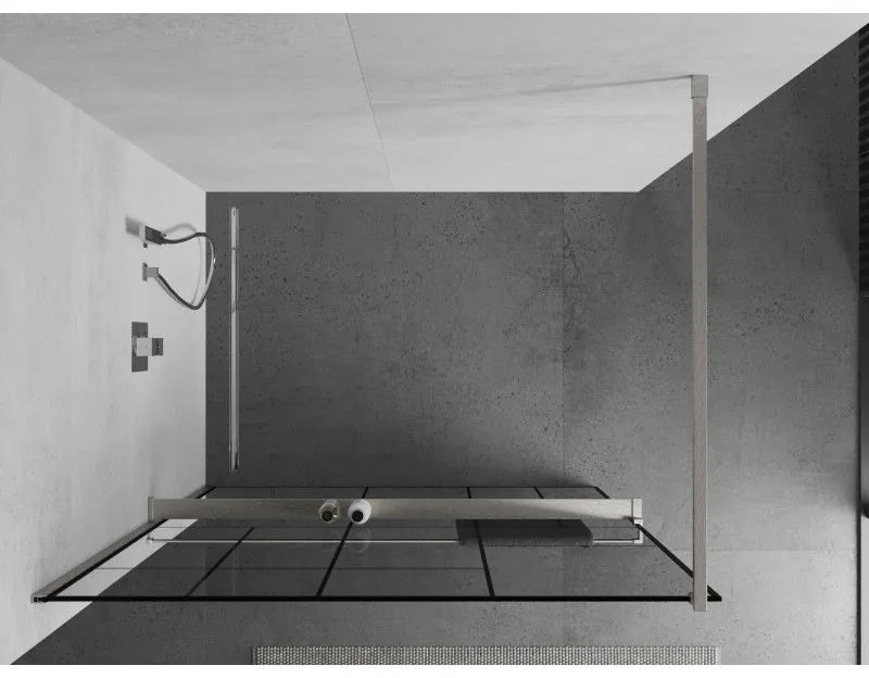Mexen Kioto+, sprchová zástena Walk-In s poličkou a vešiakom 140 x 200 cm, 8mm číre sklo čierny vzor, brúsená oceľ profil, 800-140-121-97-78