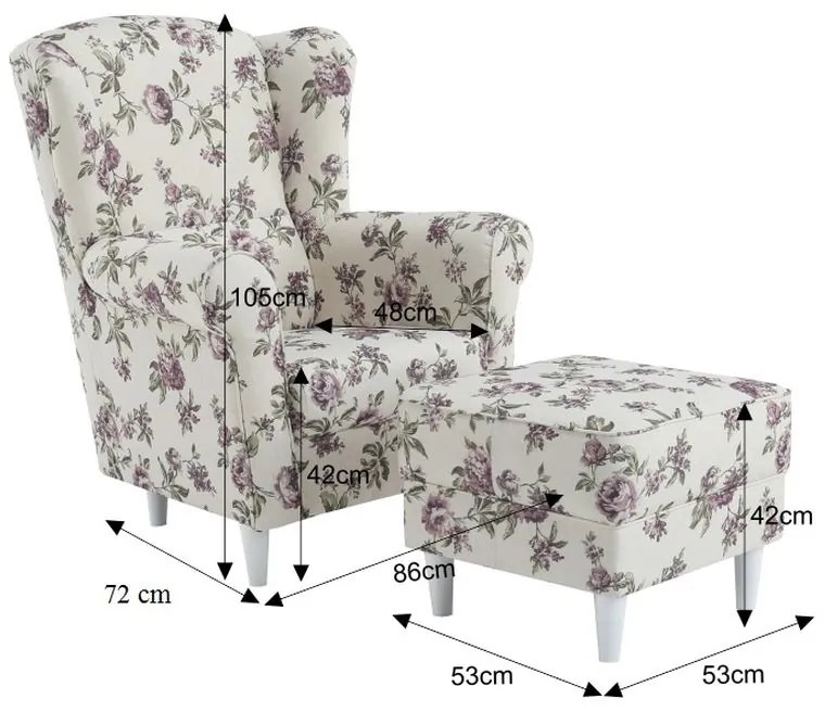 Kondela Kreslo, ušiak s taburetom, rose 18 látka, ASTRID