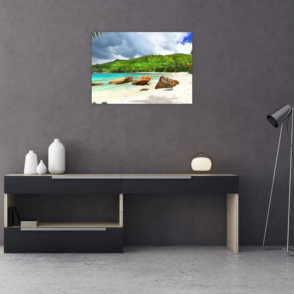 Sklenený obraz - Seychely, pláž Takamaka (70x50 cm)