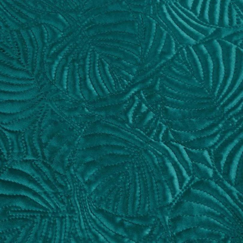 Prešívaný tyrkysový zamatový prehoz na posteľ s rastlinným vzorom