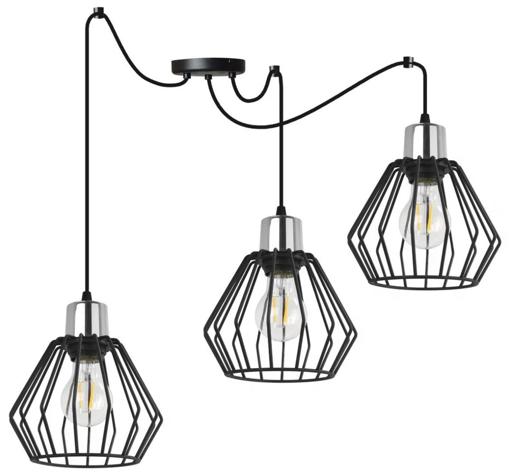 Závesné svietidlo Nuvola Spider 4, 3x čierne drôtené tienidlo, ch