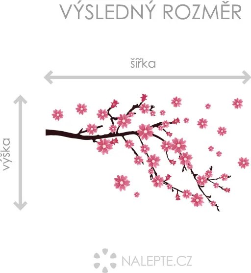 Vetva s ružovými kvetmi textilní prelepiteľná nálepka na stenu list 75 x 43 cm