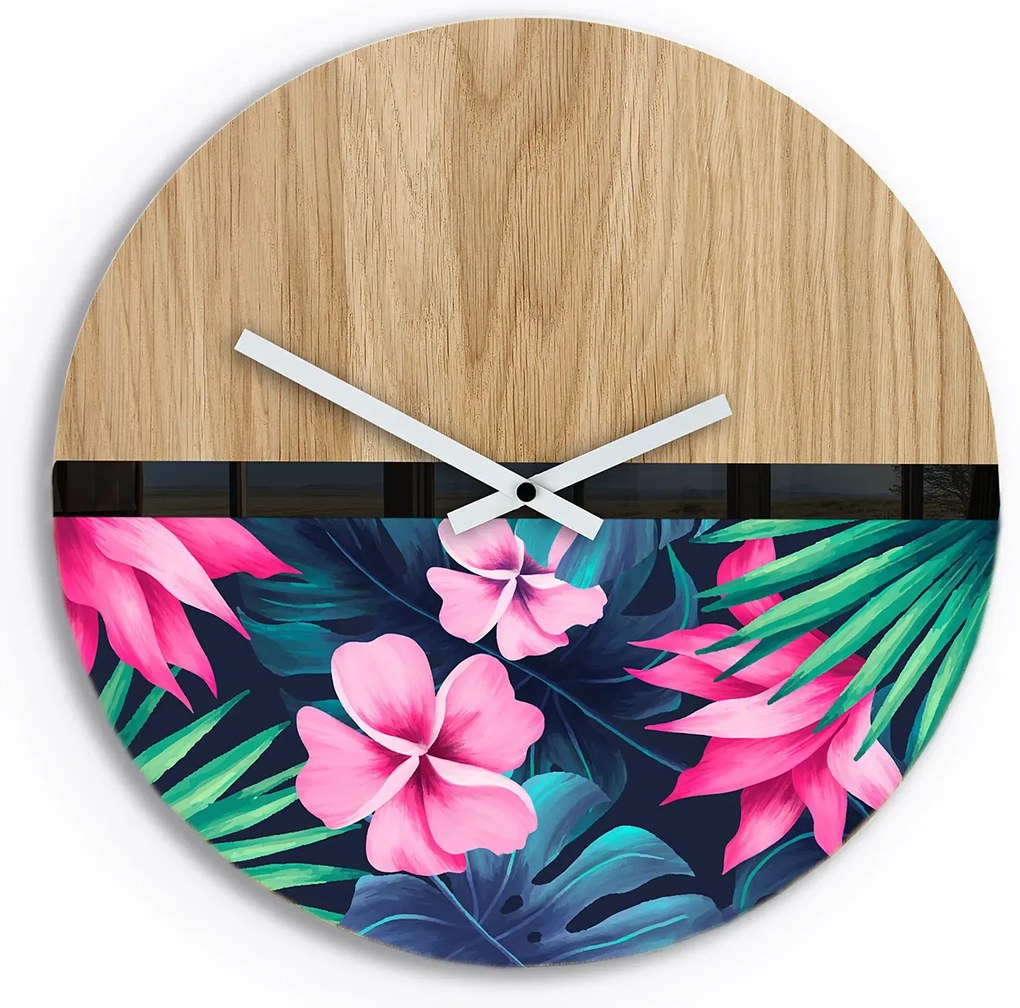 Dřevěné nástěnné hodiny Flower 33 cm dub přírodní/růžové