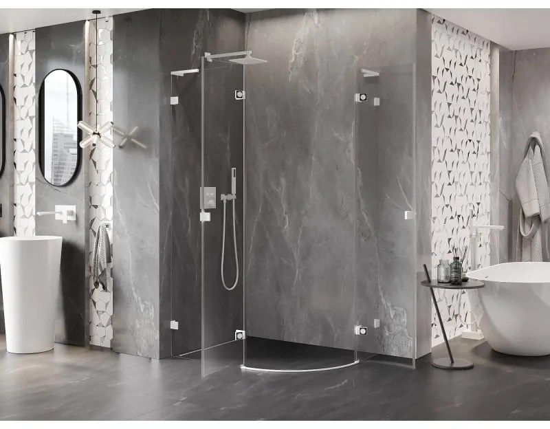 Mexen Lunar, L polkruhový sprchový kút naklápací doľava 90 x 70 cm, 8mm číre sklo, biely profil, 833L-090L-070P-20-00