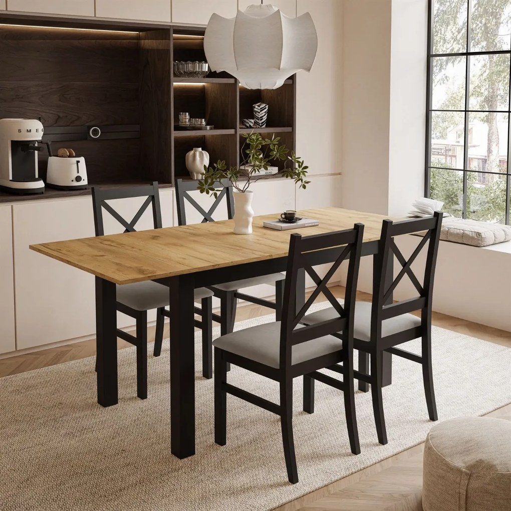 ROZKLÁDACÍ JEDÁLENSKÝ STÔL DANILO ČIERNY + DUB CRAFT ZLATÝ 140 / 195 cm + PAROS 02 STOLIČKY