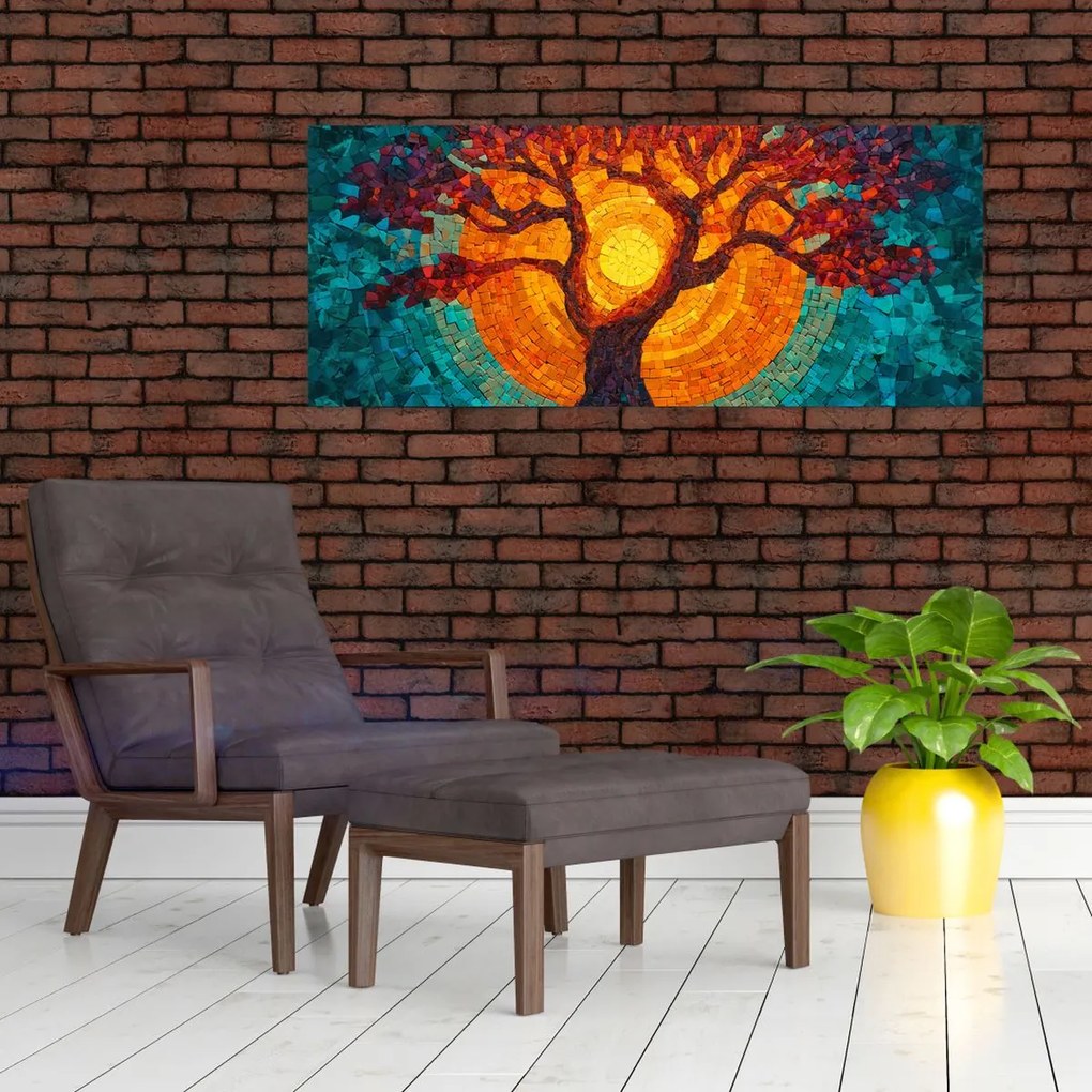 Obraz - Strom života a slnko v mozaike (120x50 cm)