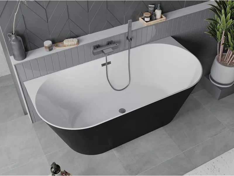 Mexen Oval Slim, voľne stojaca vaňa ku stene, 170 x 80 cm, biela-čierna, brúsený grafit prepad, 52661708075-66
