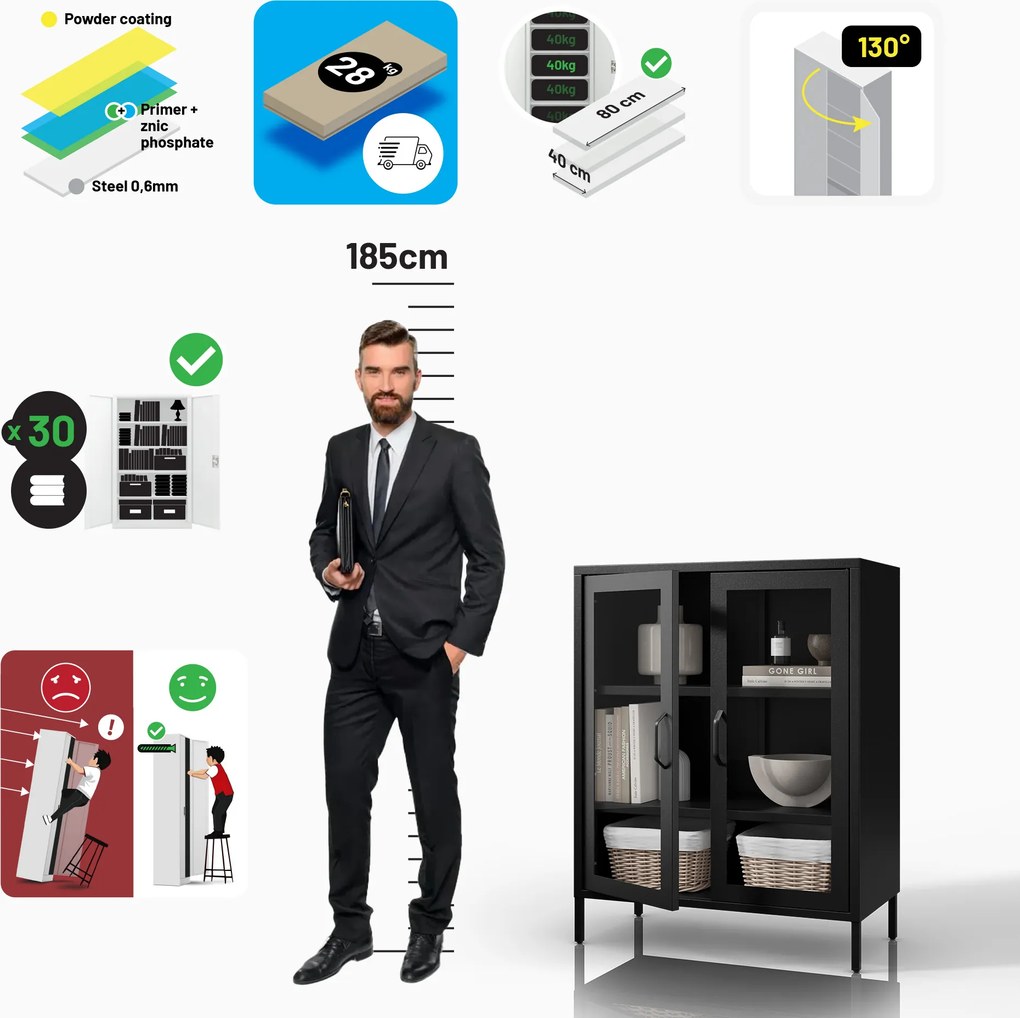 Čierna nízká sklenená vitrína GINA Modern 800 x 1015 x 400 mm