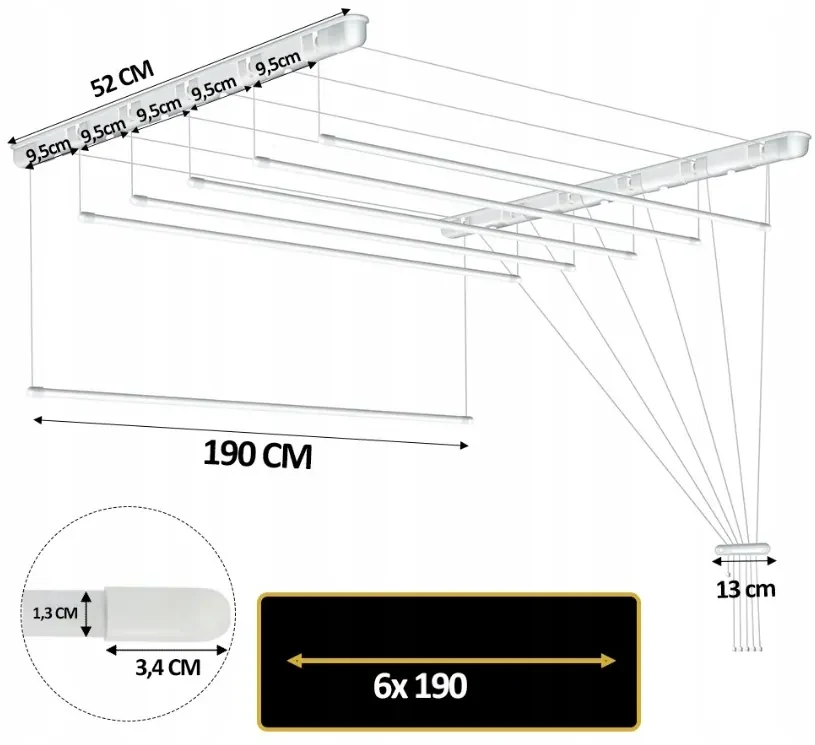 Erga Erga, stropný vešiak na sušenie bielizne 6x190 cm, biela, ERG-SEP-10SUSSUF6PP19