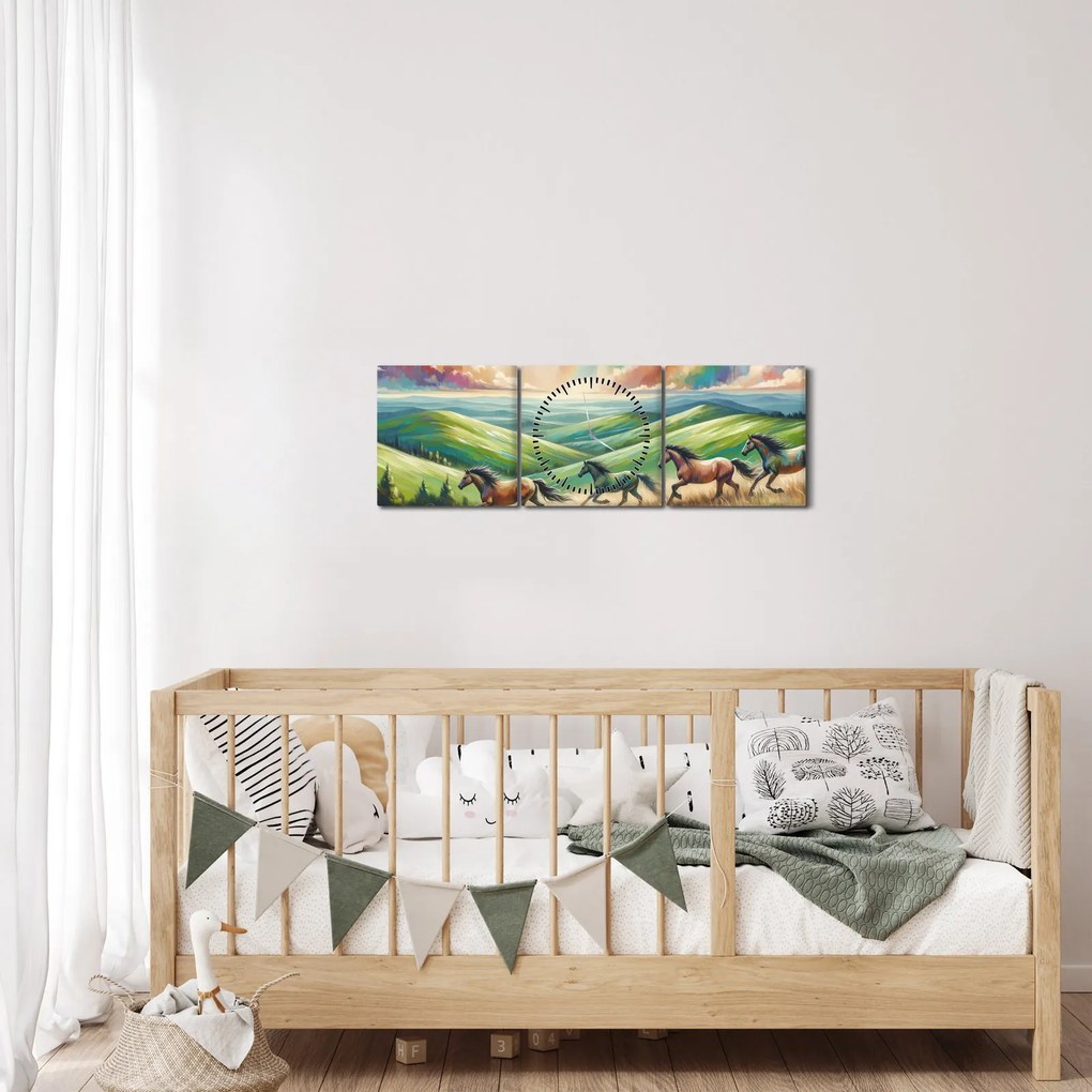 Obraz – Kone cválajúce krajinou (s hodinami) (90x30 cm)