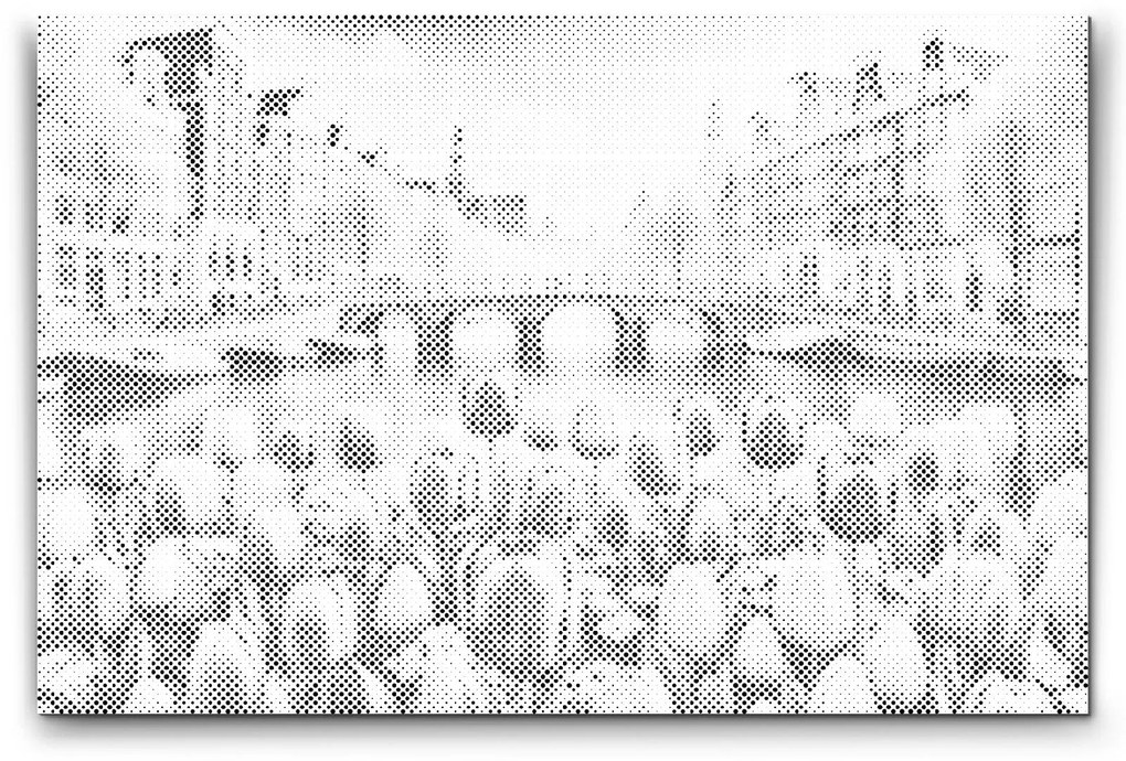 Gario Bodkovanie Tulipány s výhľadom na most Rozmery: 80 x 120 cm, Rámovanie: Iba zrolované plátno, Farba bodiek: Modrá