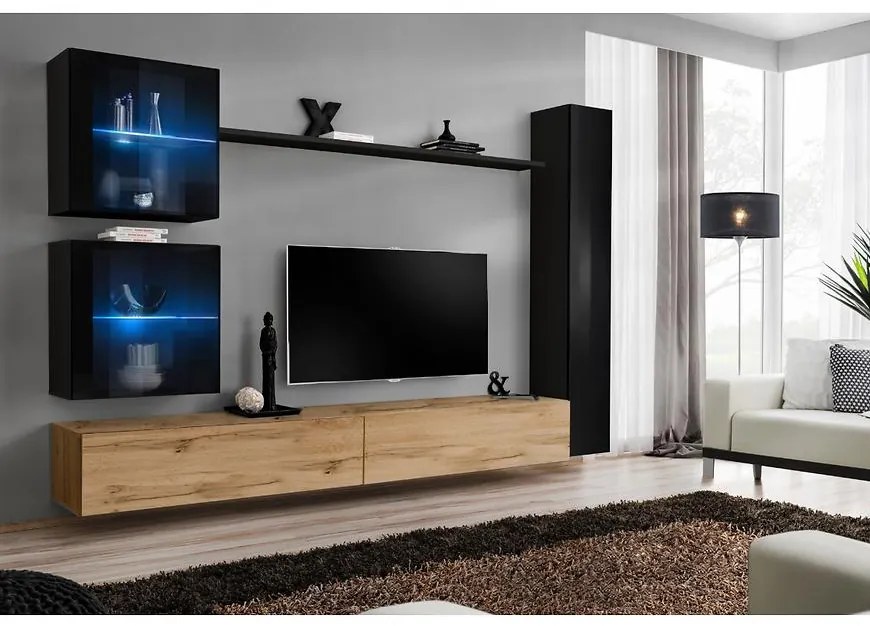 Obývacia stena Switch XVIII Sklo +LED čierna/Wotan