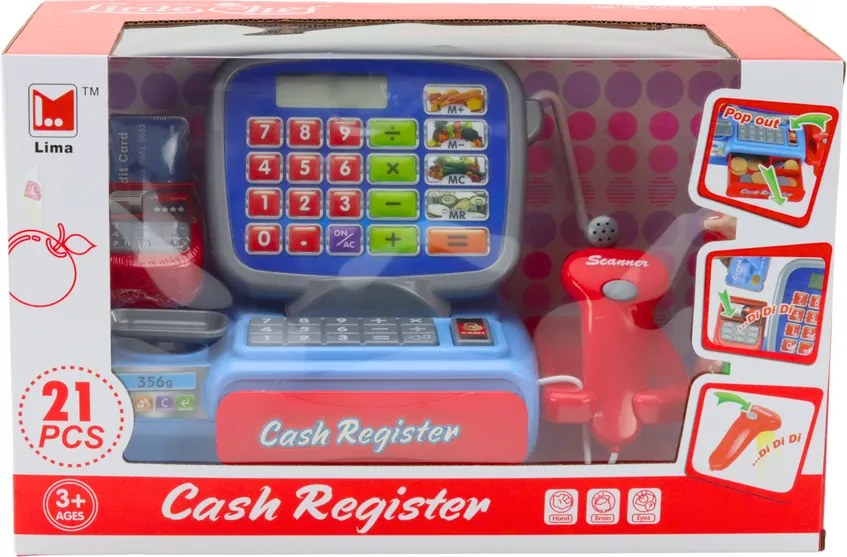 LEAN Toys Detská pokladnica so skenerom a kalkulačkou 21 kusov