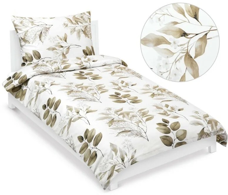 Bellatex Saténové povlečení Listy hnědá , 140 x220 cm, 70 x 90 cm, 140 x 220 cm, 70 x 90 cm