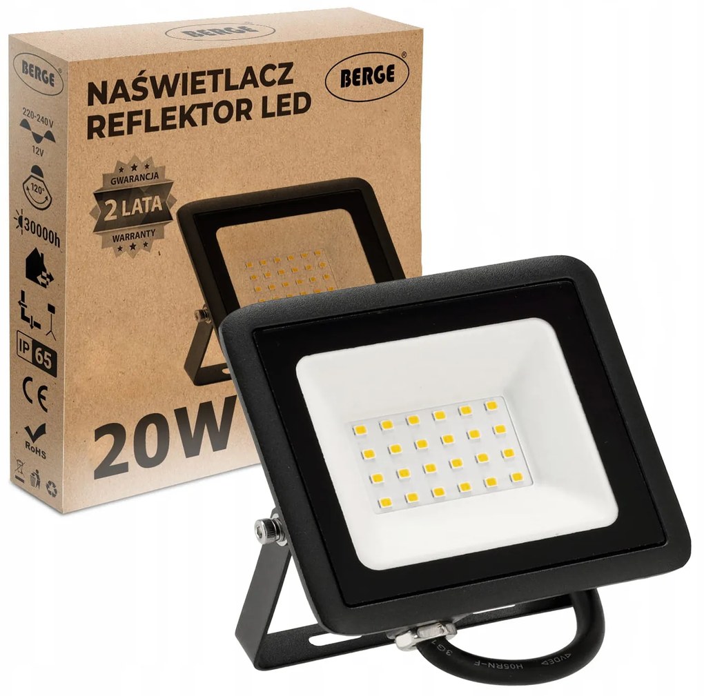 BERGE LED reflektor 20W IP65 PREMIUM - studená biela