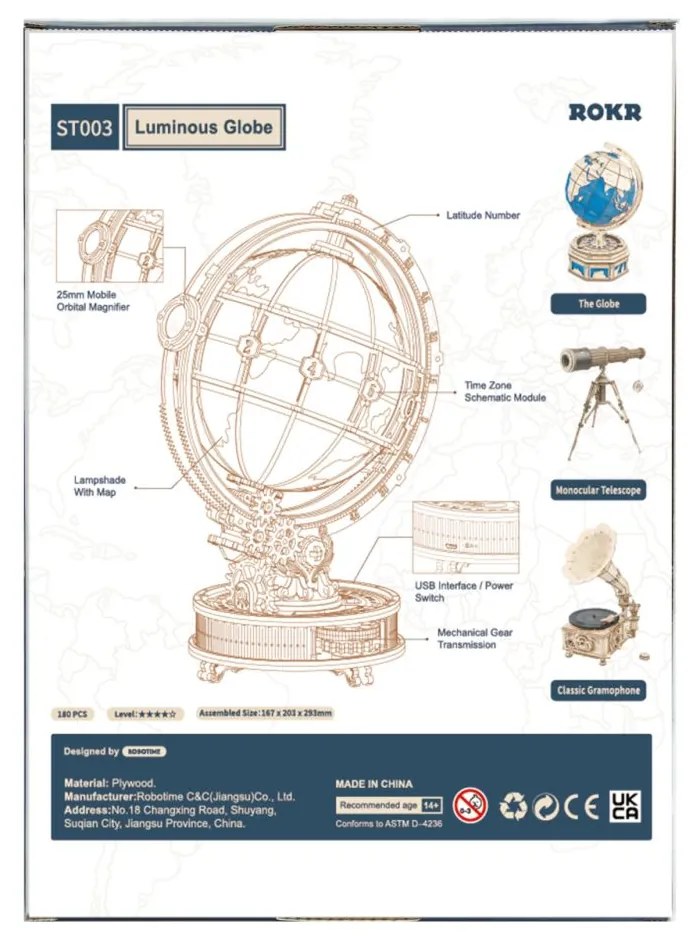Robotime Rokr Svítící 3D dřevěné puzzle Globus 180 ks