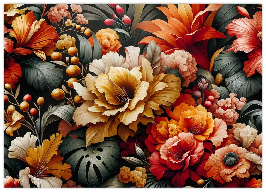 Sklenený obraz - Oranžovo-červené kvety (70x50 cm)