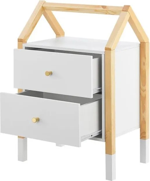 Detský nočný stolík, biely, dizajn domu, 2 zásuvky