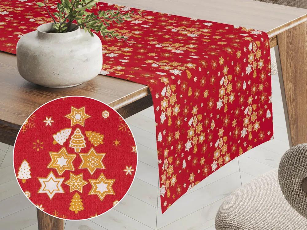 Biante Vianočný bavlnený behúň na stôl Sandra SA-408 Hviezdičky a stromčeky na červenom 45x120 cm