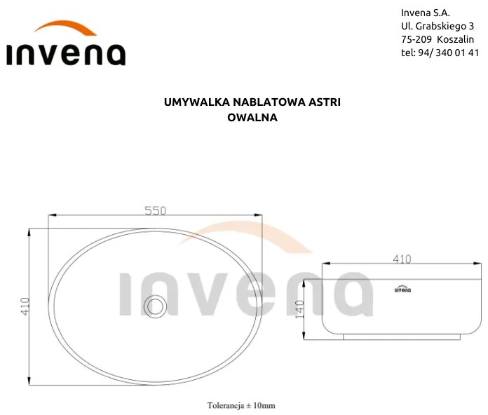 Invena Astri, keramické umývadlo na dosku 55x41x14 cm, biela lesklá, INV-CE-30-001-W