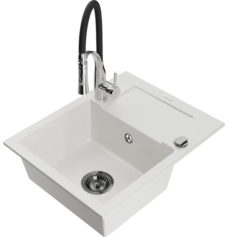 Mexen Enzo, 1-komorový granitový drez 576x465x174 mm a drezová batéria Aster, biela, 6506-20-73450-07-B
