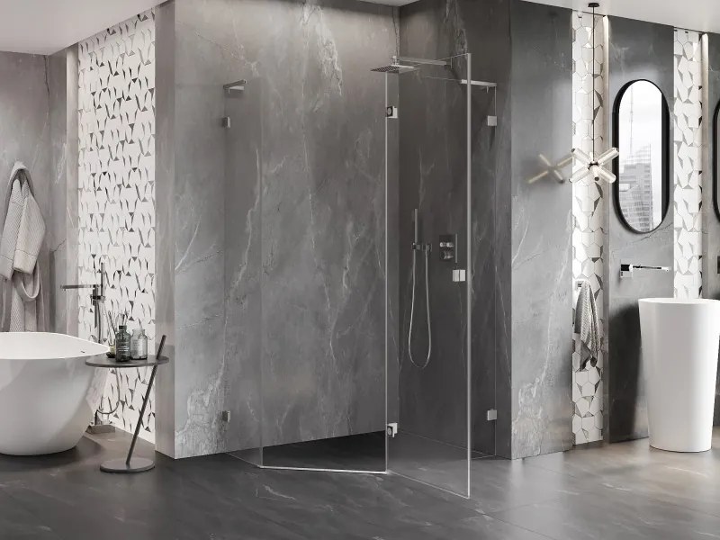 Mexen Lunar, L pravý výklopný päťuholníkový sprchový kút 100x80 cm, 8mm číre sklo, oceľový profil, 831L-100P-080L-97-00-P