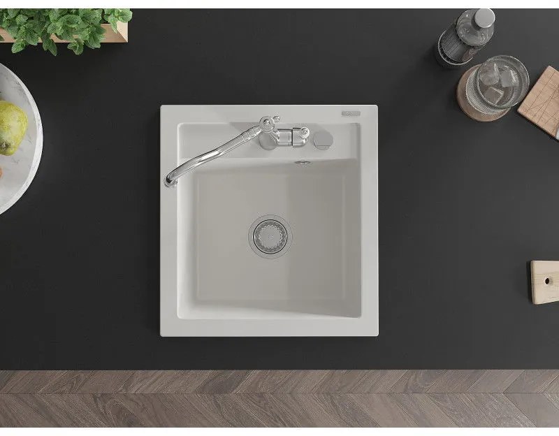 Mexen Vito, granitový drez 435x410x171 mm, 1-komorový a drezová batéria Carla, biela, 6503-20-670700-00