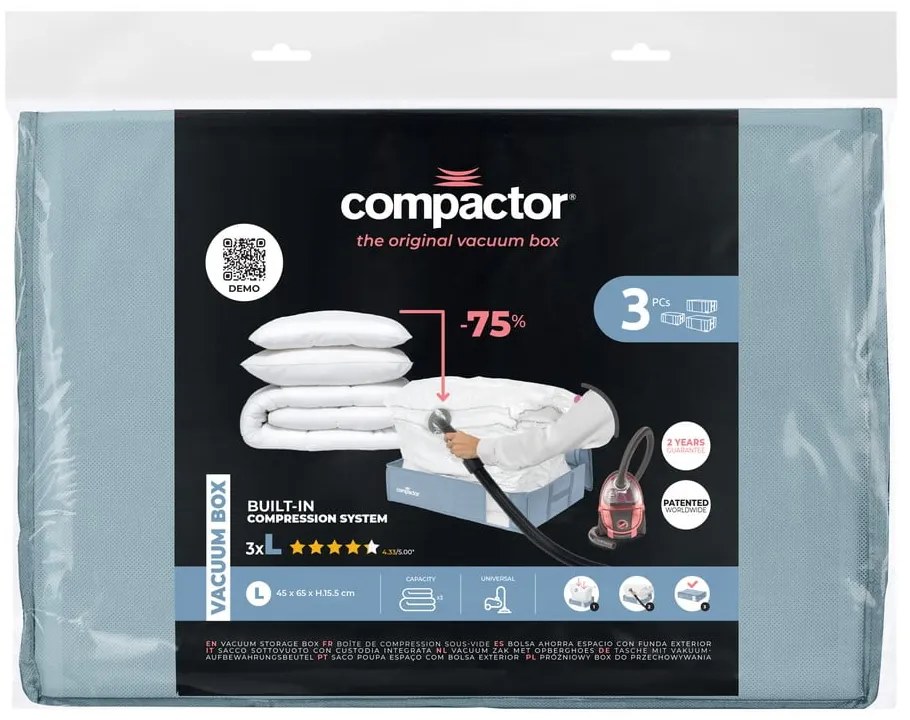 Vákuové plastové úložné boxy pod posteľ v súprave 3 ks 65x45x15,5 cm Blue Edition – Compactor