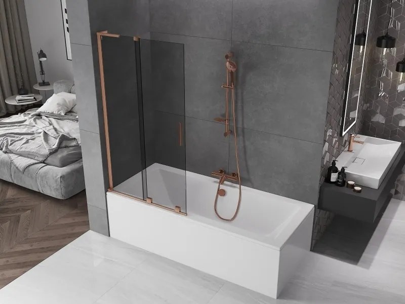 Mexen Velar L, 2-krídlová posuvná vaňová zástena 90 x 150 cm, 8mm šedé sklo, medená matná, 896-090-003-41-65