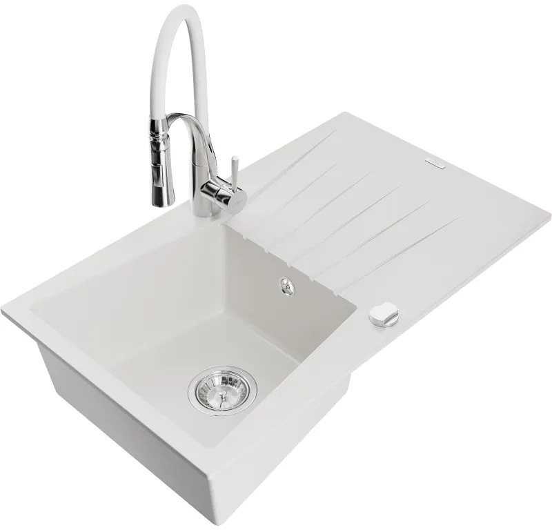 Mexen Cesar, 1-komorový granitový drez 775x470x190 mm a drezová batéria Aster, biela, 6514-20-73450-02