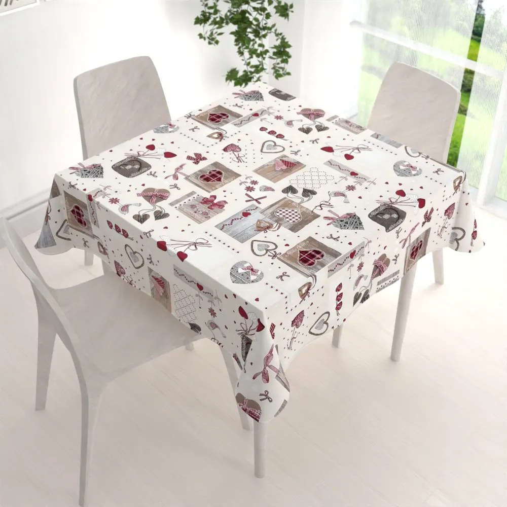 Biante Dekoračný štvorcový obrus Porto PRT-015 Vínovo-sivé srdiečka na krémovom 120x120 cm