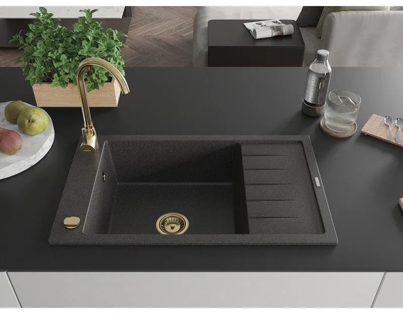 Mexen Elias, granitový drez granitový 795x480x200 mm, 1-komorový, čierna škvrnitá so zlatým sifónom, 6511791005-76-G