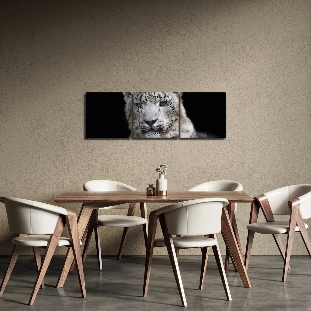 Obraz - Leopard snežný (s hodinami) (90x30 cm)