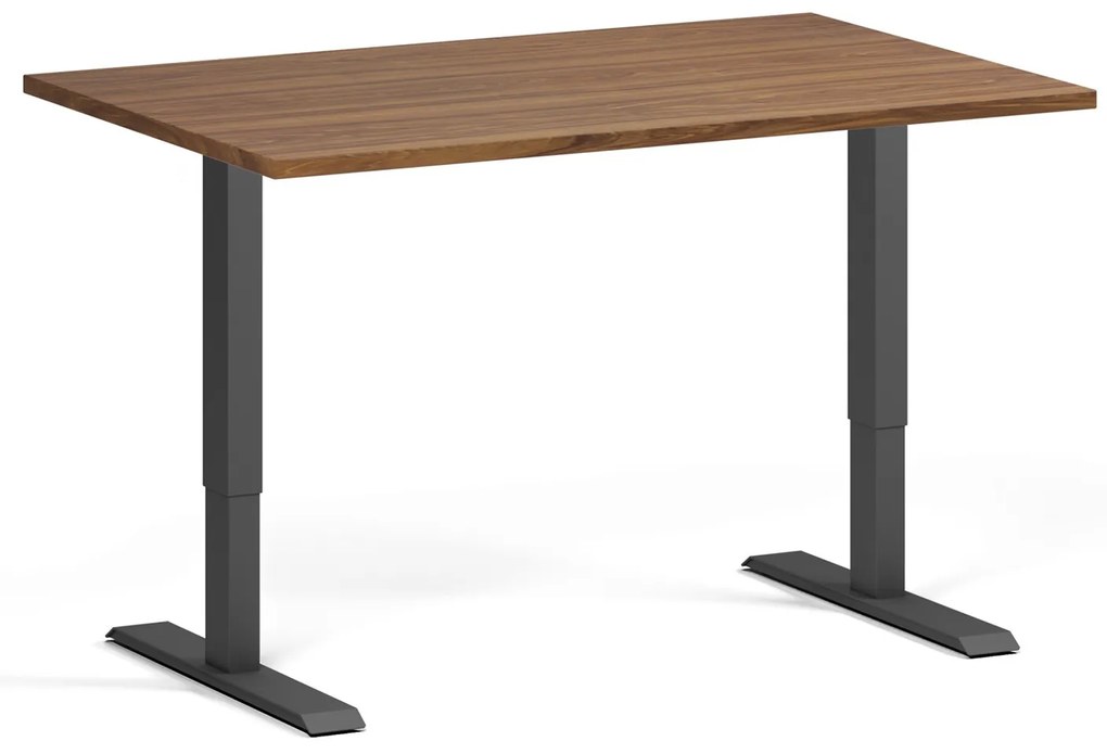 Výškovo nastaviteľný stôl, 120x80 cm, 2 motory, čierna podnož, orech