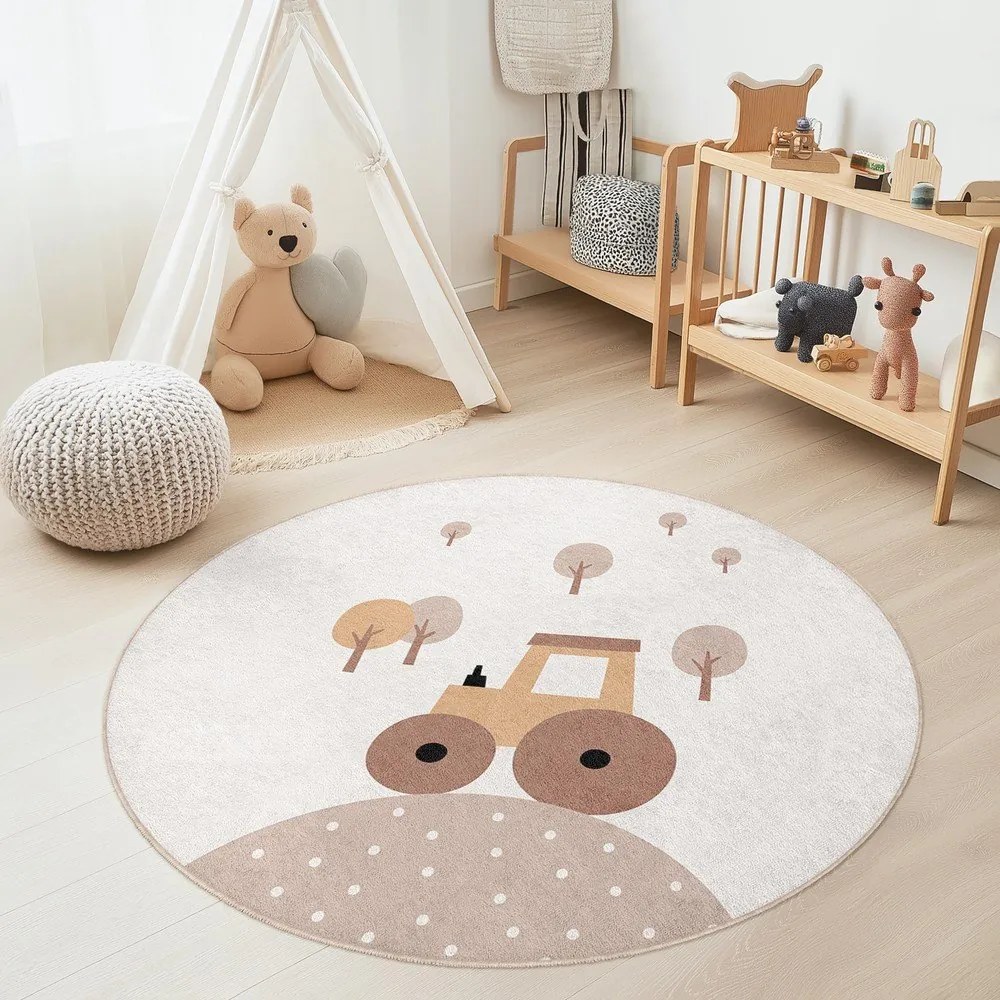 Béžový prateľný detský koberec ø100 cm Tractor World – Mila Home