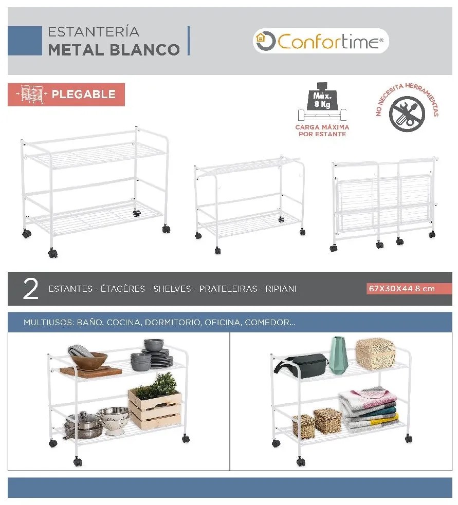 CONFORTIME 2. akosť - Pojazdný regál, skladacia polica 2 poschodová XXL - 67 x 30 x 45 cm - biela