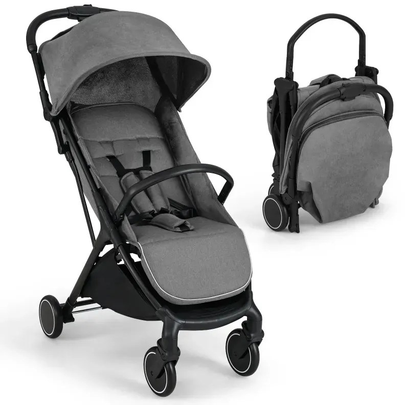 Skladací kočík, cestovný kočík s funkciou polohovania, prenosný kočík s nastaviteľnou opierkou chrbta, nosnosť do 15 kg, sivý