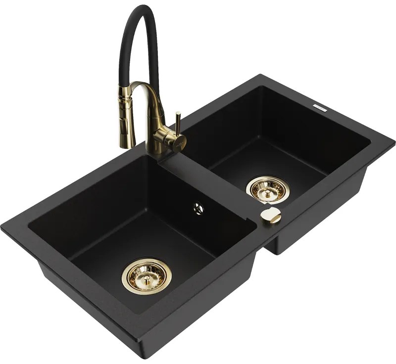 Mexen Mario, granitový drez 820x436x161 mm, 2-komorový a drezová batéria Aster, čierna, 6504-77-73450-57-G