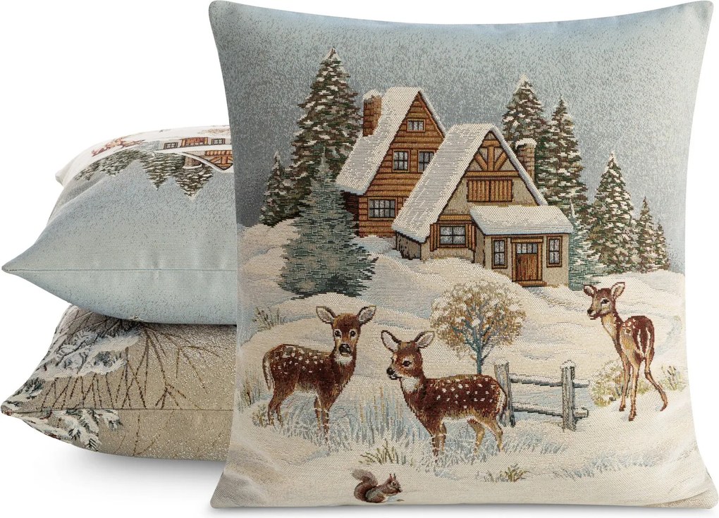 VIANOČNÁ GOBELÍNOVÁ DEKORAČNÁ OBLIEČKA NA VANKÚŠ SNOWY WISHES 45X45 CM VZOROVANÁ