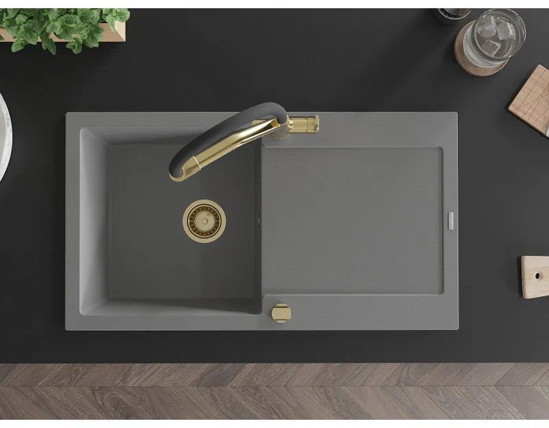 Mexen Leo, 1-komorový granitový drez 900x500x190 mm a drezová batéria Duo, šedá, 6501-71-671701-57-G