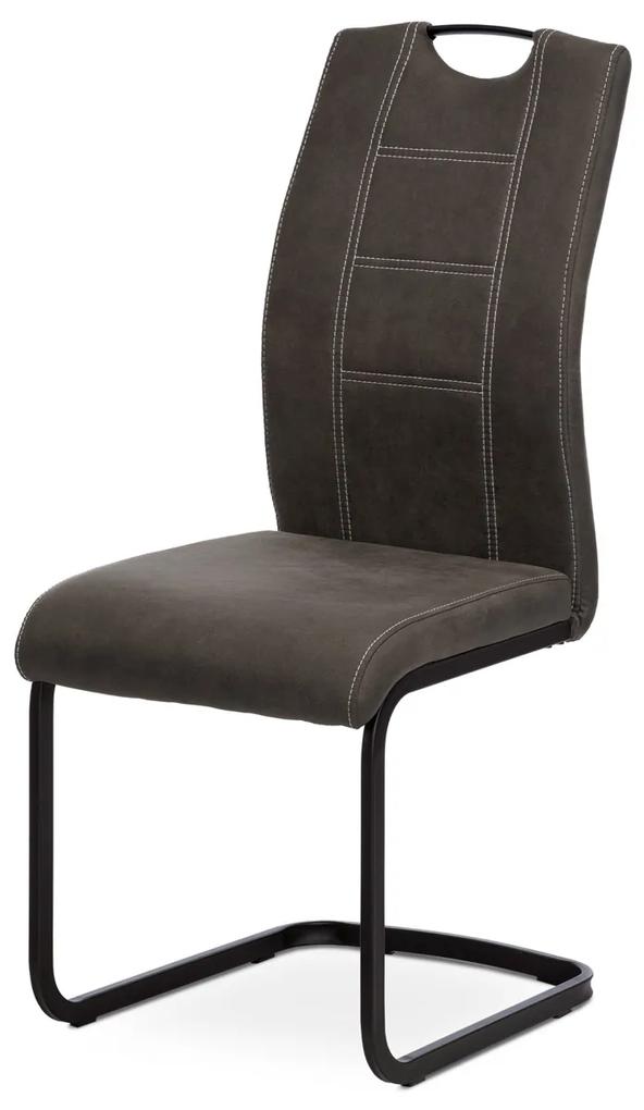 Jedálenská stolička, poťah sivá látka v dekore vintage kože, biele prešitie, kovová pohupová podnož, sivý matný lak