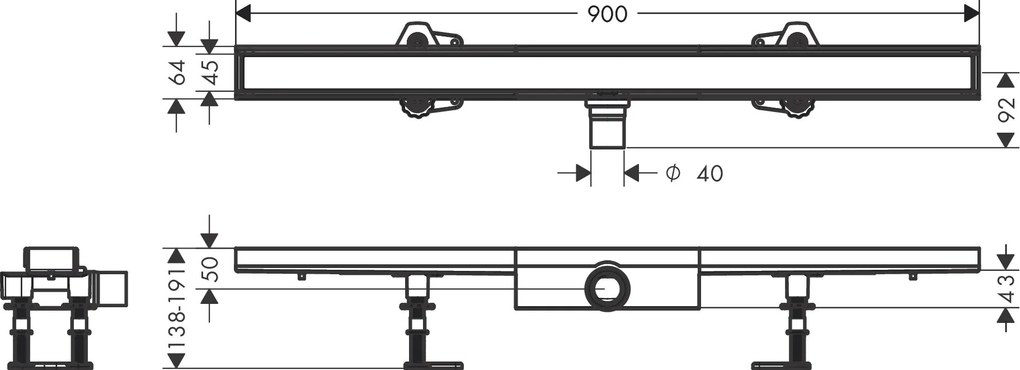 Hansgrohe RainDrain Compact, úplná sada sprchového žľabu 900 pre dlažbu, pre plochú inštaláciu, HAN-56169000