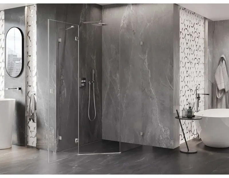 Mexen Lunar, päťuholníkový sprchový kút naklápací doľava 80 x 90 cm, 8mm číre sklo, oceľový profil, 831-080L-090P-97-00-L