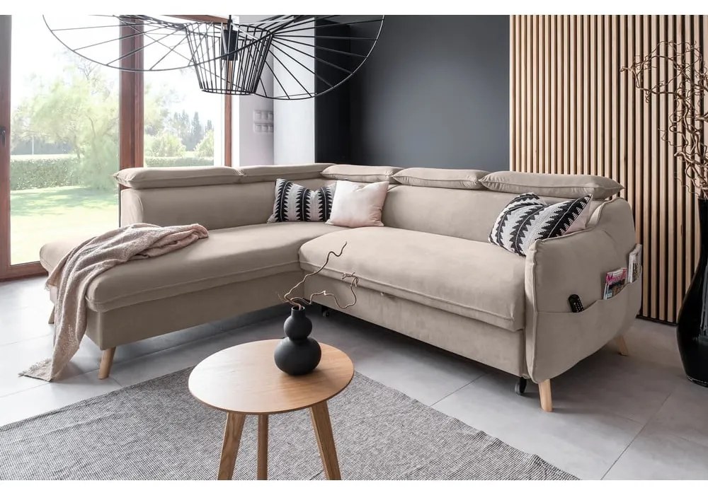 Béžová zamatová rozkladacia rohová pohovka (ľavý roh) Sweet Harmony – Miuform