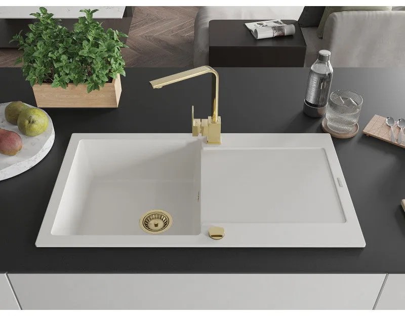 Mexen Leo, drez granitový 900x500x190 mm, 1-komorový, biely so zlatým sifónom a zlatá drezová batéria Rita, 6501-20-670300-50