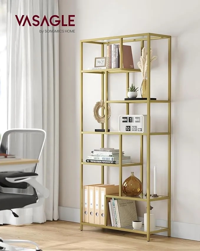 Knižnica, 6-poschodová vysoká knižnica 30 × 80 × 180 cm, v metalickej zlatej farbe