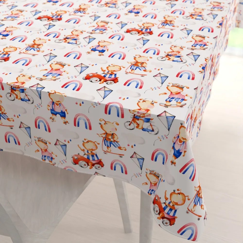 Biante Detský bavlnený obdĺžnikový obrus Sandra SA-521 Modro-červení psíkovia s autami na bielom 140x220 cm